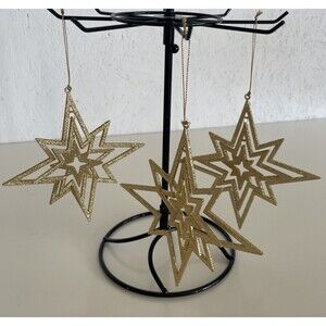 Lot Of 3 Christmas Ornament 3-D Gold Sparkly Glitter Star Holiday Tree Deco.‎